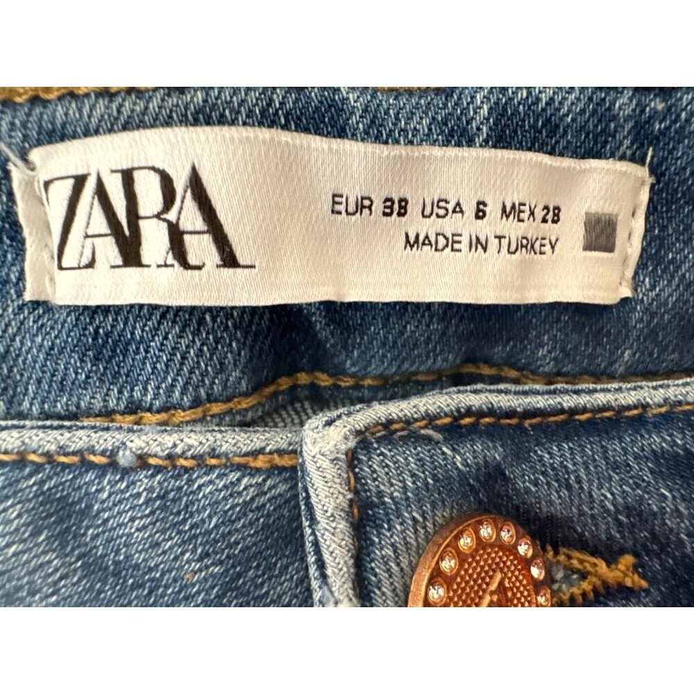 ZARA Womens 6/28 Distressed Cuffed Jeans Size Blue Denim Mid-Rise - Picture 3 of 12